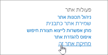 תפריט 'הגדרות אתר' עם האפשרות 'מחק אתר זה' מסומנת