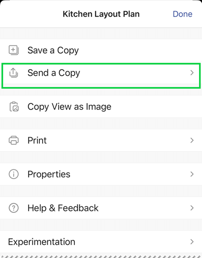 האפשרויות 'שלח עותק' ב- Visio Viewer עבור iOS.