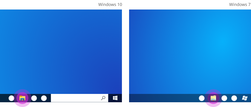 השוואה בין סייר הקבצים ב- Windows 7 ו- Windows 10.