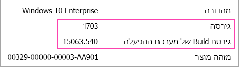 צילום מסך של המציג את גירסת Windows ומספרי בנייה