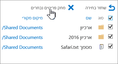 סל המיחזור של הרמה השנייה של SharePoint 2016 כאשר כל הפריטים נבחרו ומחק מסומנים