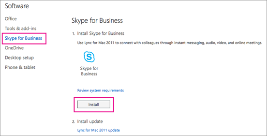 בחר Skype for Business ולאחר מכן בחר ’התקן‘.