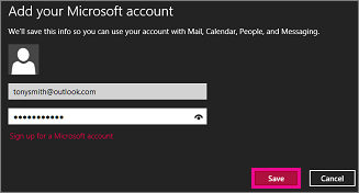 הדף 'הוסף את חשבון Microsoft שלך' ב'דואר' של Windows 8