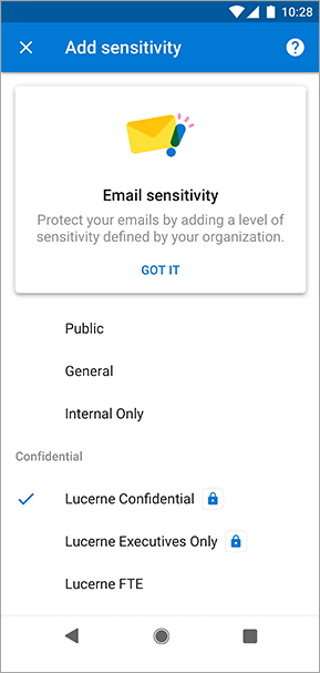 צילום מסך של תוויות רגישות ב- Outlook עבור Android