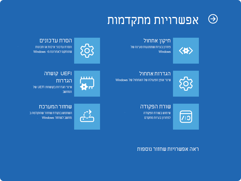 צילום מסך של Windows RE - מסך 'אפשרויות מתקדמות'.