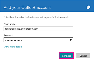 הדף 'הוספת חשבון Outlook שלך' ב'דואר' של Windows 8