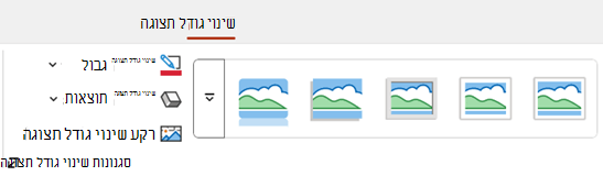 הכרטיסיה 'שינוי גודל תצוגה' ברצועת הכלים ב- PowerPoint כוללת אפשרויות עיצוב כגון גבול ורקע.