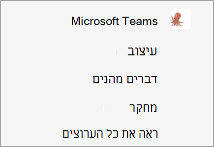 צוות בשם Microsoft Teams כולל ערוצים עבור 'עיצוב', 'דברים מהנים' ו'מחקר'. ערוצים נוספים מוסתרים.