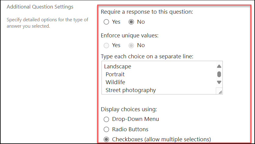 screenshot of additional question settings