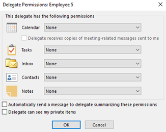 A screenshot of the Delegate Permissions dialog box showing None