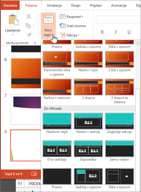 Kliknite strelicu uz gumb Novi slajd da bi se prikazao popis matrica