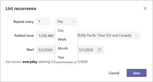 Snimka zaslona dijaloškog okvira Ponavljanje popisa s prikazom postavki ponavljanja.