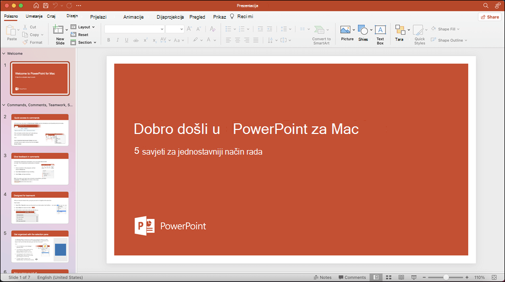 PowerPoint 2021 za Mac s otvorenim predloškom Vodič