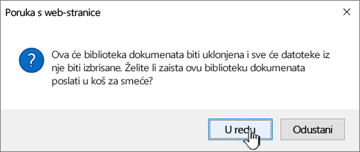 Dijaloški okvir Potvrda prilikom brisanja biblioteke