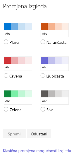 Snimka zaslona koja pokazuje mogućnosti boja sustava SharePoint za promjenu izgleda web-mjesta.