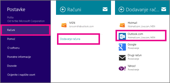 Stranice izbornika aplikacije Pošta za Windows 8: Postavke > Računi > Dodavanje računa
