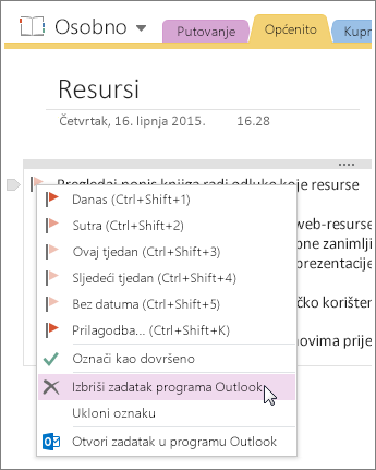 Snimka zaslona brisanja zadatka programa Outlook u programu OneNote 2016.