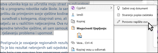 Neki tekst odabran u programu OneNote. Prikazuje se kontekstni izbornik s odabranom mogućnosti „Copilot” i „Prebriši ovo” odabranim na podizborniku.