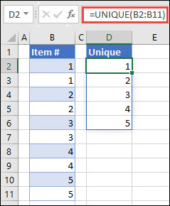 Primjer korištenja funkcije =UNIQUE(B2:B11) za vraćanje jedinstvenog popisa brojeva