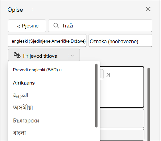 Prijevod padajućeg izbornika titlova u oknu Opisi.