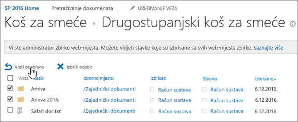 Recikliranje druge razine sustava SharePoint s istaknutim gumbom za vraćanje