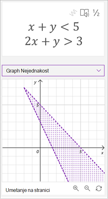 screenshot of math assistant generated graph of the equations x plus y is less than 5, 2x plus y is greater than 3, both lines are plotted and the area between them is shaded