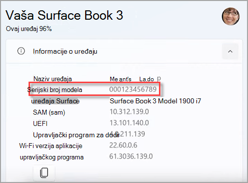 Pronalaženje serijskog broja uređaja Surface u aplikaciji Surface.