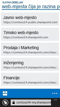 Web-mjesta povećane razine u sustavu SharePoint Online na mobilnom uređaju