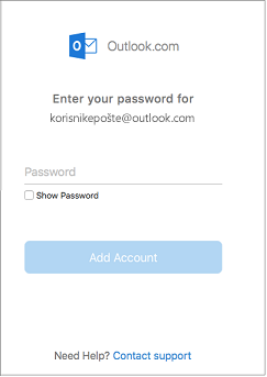 Unesite lozinku za svoj račun na servisu outlook.com