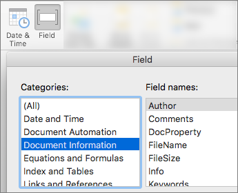 Snimka zaslona koja prikazuje kodove polja filtrirane prema kategoriji Informacije o dokumentu