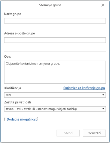 Stranica s informacijama o novoj grupi u programu Outlook