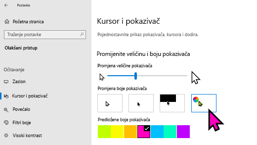 Promjena veličine i boje pokazivača u aplikaciji Windows 10 Postavke aplikaciji