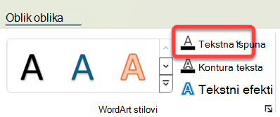 Da biste promijenili boju WordArt grafike, odaberite je, a zatim na kartici Oblikovanje oblika odaberite Tekstna ispuna.