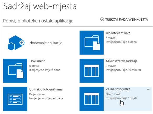 Stranica sadržaja web-mjesta s odabranim popisom