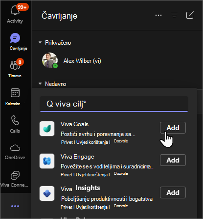 Snimka zaslona aplikacije Teams s odabranim trotočje Viva Goals utipkanih u traku za pretraživanje.