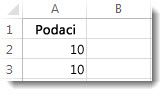 Podaci u ćelijama A2 i A3 na radnom listu programa Excel