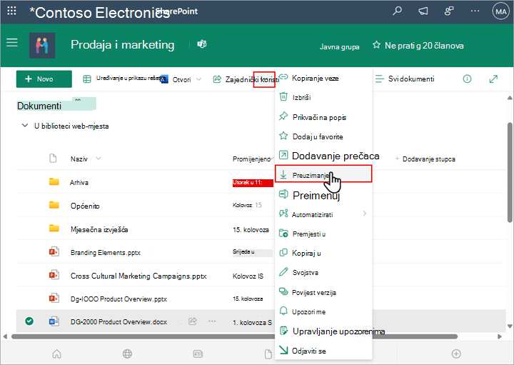 Pomoću naredbe Preuzimanje sustava SharePoint preuzmite i spremite lokalnu kopiju datoteke ili mape.