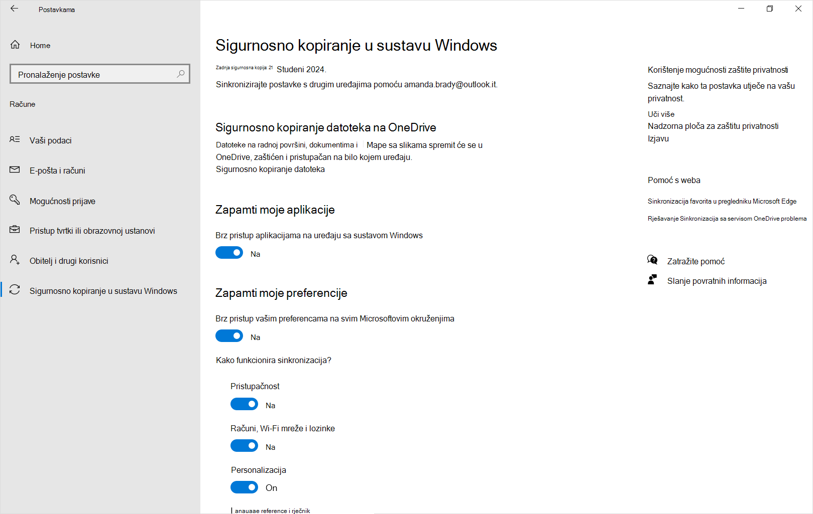 Snimka zaslona s postavkama sigurnosnog kopiranja sustava Windows Windows 10.