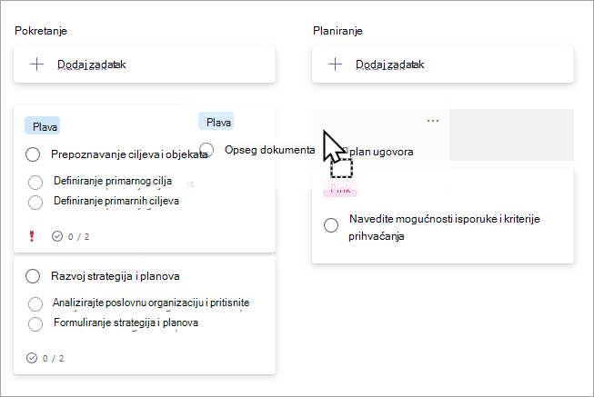 Povlačenje zadatka između grupa u prikazu ploče