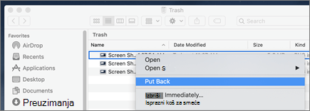 Right-click menu to recove a file from Trash on a Mac
