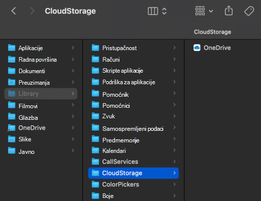 Snimka zaslona alata za pronalaženje sustava macOS s prikazom mjesta na servisu OneDrive