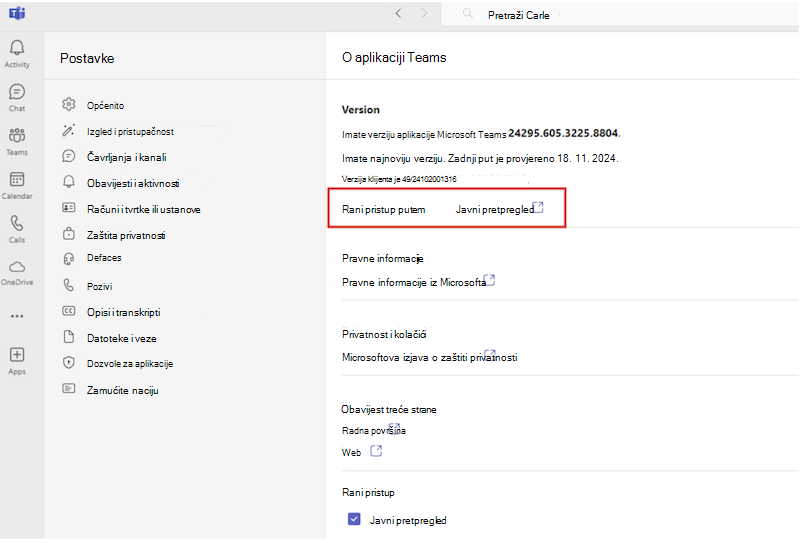 Rani pristup aktivan u aplikaciji Teams