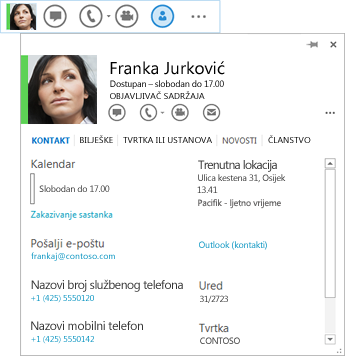 Snimka zaslona stavke kontakta na kojem je odabrana ikona kartice kontakta i prikazana odgovarajuća kartica kontakta