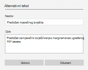 Primjer zamjenskog teksta za ugrađenu datoteku u programu OneNote za Windows 10.