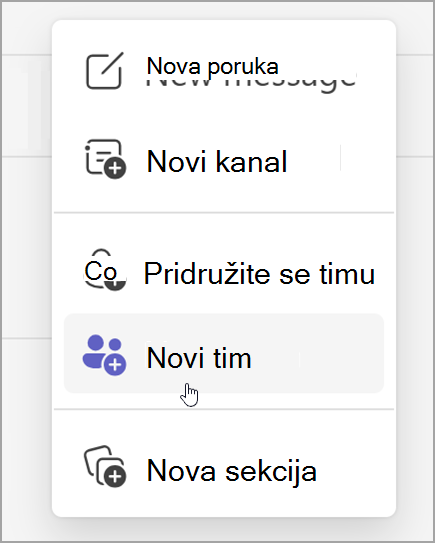 Snimka zaslona s mogućnošću stvaranja novog tima. Otkriva se nakon odabira mogućnosti novih stavki.