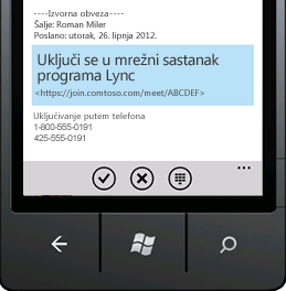 Snimka zaslona s mogućnosti Uključi se u mrežni sastanak programa Lync na mobilnom uređaju