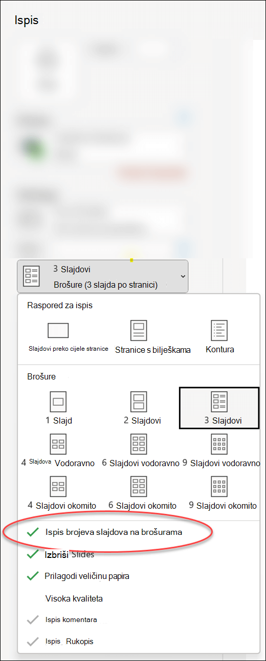 Dijaloški okvir Ispis u programu PowerPoint s prikazom mogućnosti ispisa brojeva slajdova na brošurama.