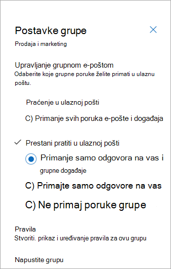 Na ploči Postavke grupe odaberite željenu postavku slijedite ili odaberite napusti