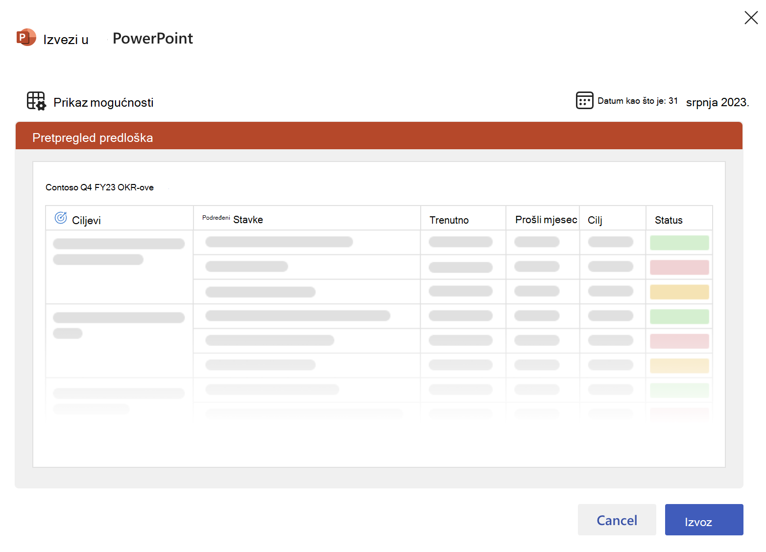 Snimka zaslona preklapanja izvoza programa Powerpoint za odabir predloška.