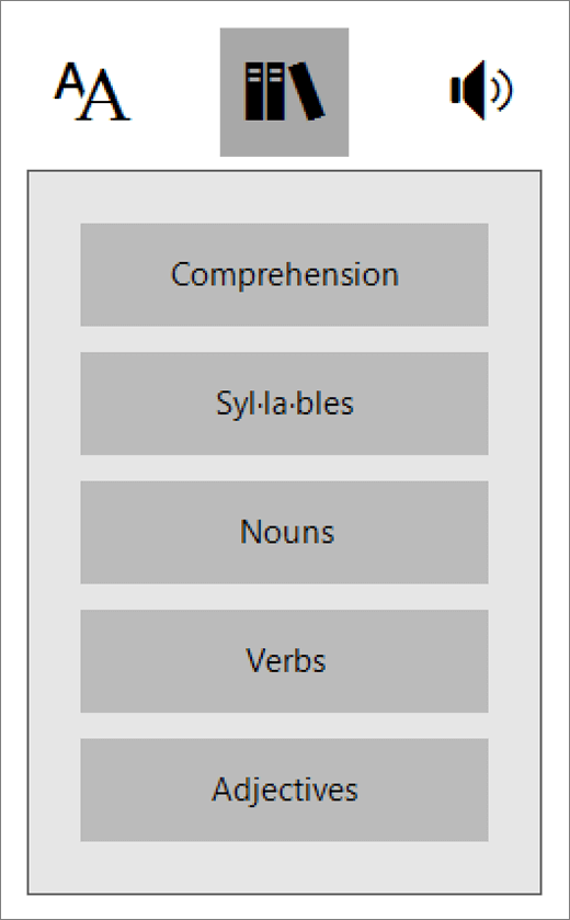 Izbornik dijelove vrsta riječi u sučelja Reader, proizvod tvrtke dio Alati za učenje za OneNote.